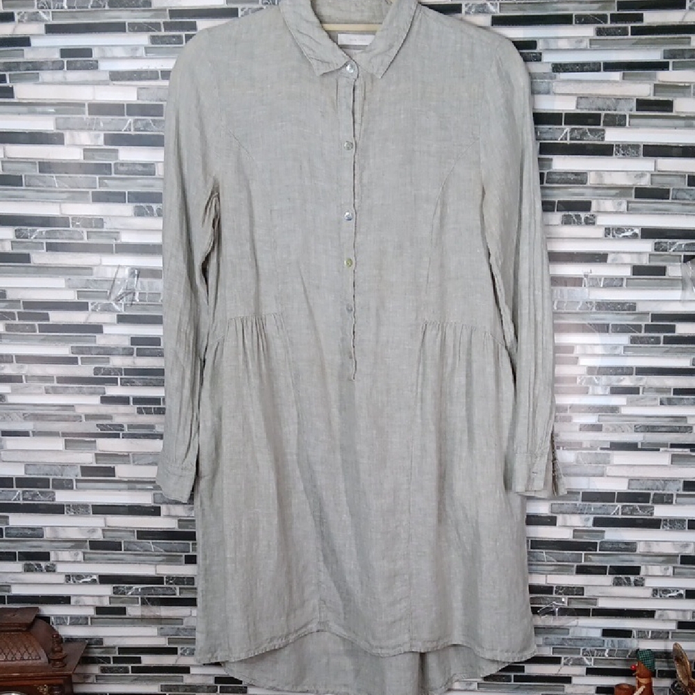 Halston Heritage Linen XS Light Gray Long Sleeve Dress Hi Low Minimalist Pocket